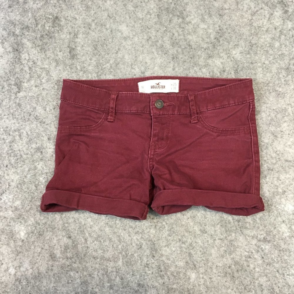 Hollister Shorts 1 25 Jean Red Wine Cuffed Cutoff Shorties Mid Rise Womens